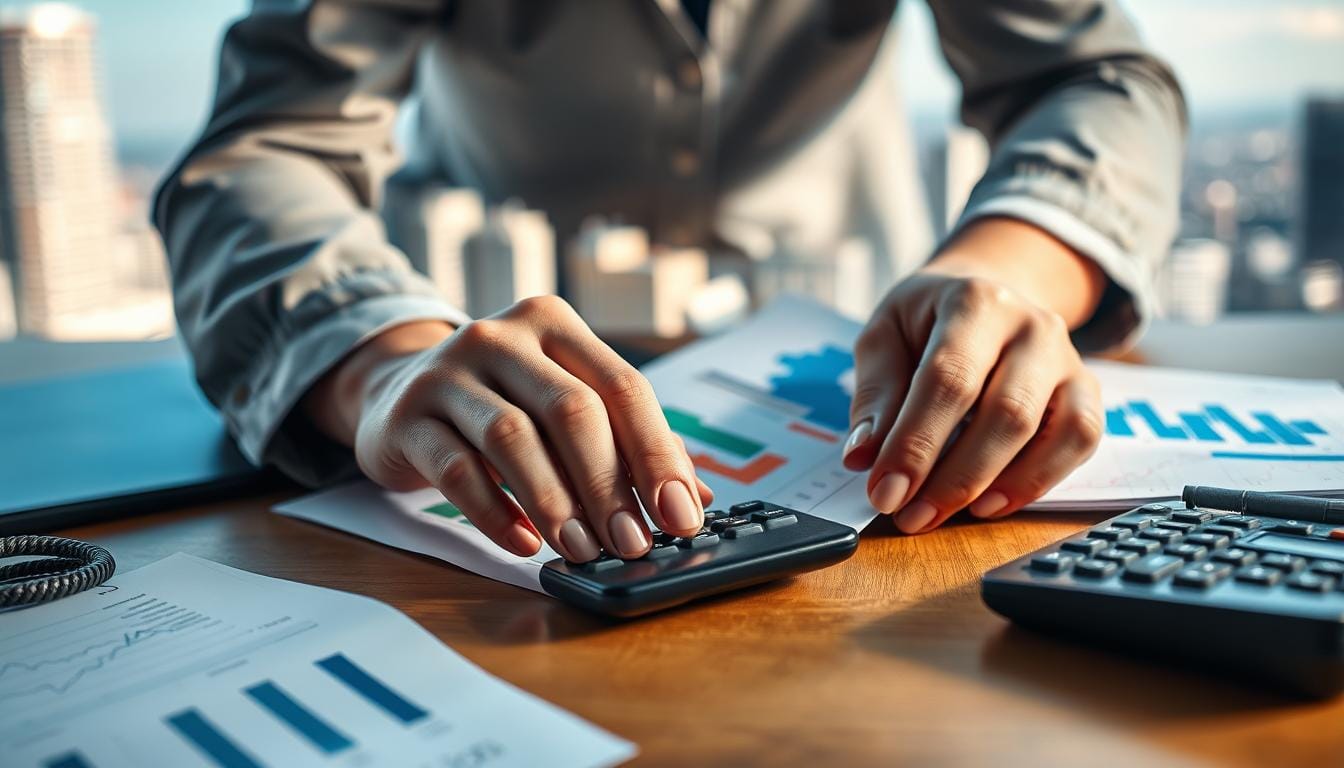 A close-up view of a person's hands carefully arranging colorful graph charts, financial documents, and a calculator on a wooden desk. Soft, warm lighting illuminates the scene, creating a contemplative, focused atmosphere. In the background, a blurred cityscape with skyscrapers and a clear blue sky suggests the broader financial landscape. The composition emphasizes the thoughtful, analytical approach to SIP investment strategies, with a sense of expertise and attention to detail.