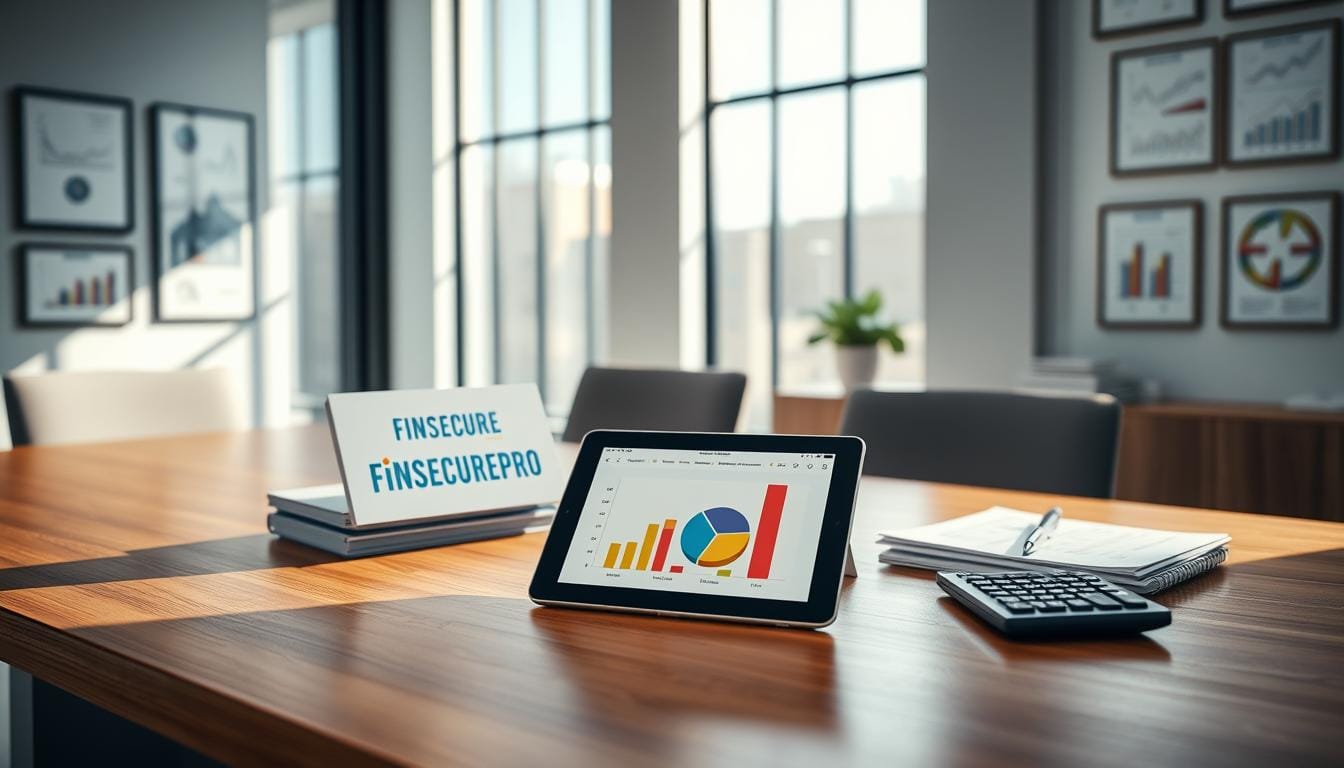 A sleek, minimalist office interior with large windows flooding the space with natural light. On a wooden desk, a Finsecurepro logo-branded tablet displays a graph and pie chart illustrating tax-saving investment strategies. Nearby, a stack of financial documents and a calculator sit neatly organized. The walls are adorned with framed financial charts and diagrams, creating an atmosphere of informed financial planning. The lighting is soft and directional, highlighting the key elements and creating a sense of professionalism and expertise. The overall scene conveys a thoughtful, considered approach to maximizing tax-saving investments.