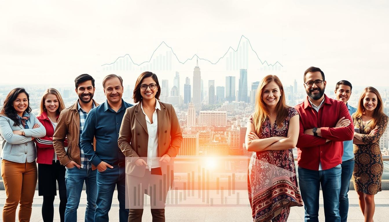 A vibrant collage showcasing the diverse journeys of successful SIP investors. In the foreground, a group of confident individuals stand tall, their expressions radiant with pride and fulfillment. The middle ground features a series of financial charts and graphs, illustrating the steady growth of their investments over time. In the background, a cityscape emerges, conveying the sense of financial security and independence these SIP success stories have achieved. Warm, natural lighting casts a soft glow, creating an atmosphere of optimism and inspiration. Captured through a wide-angle lens, the image invites the viewer to immerse themselves in the stories of those who have harnessed the power of systematic investment planning to build lasting wealth.