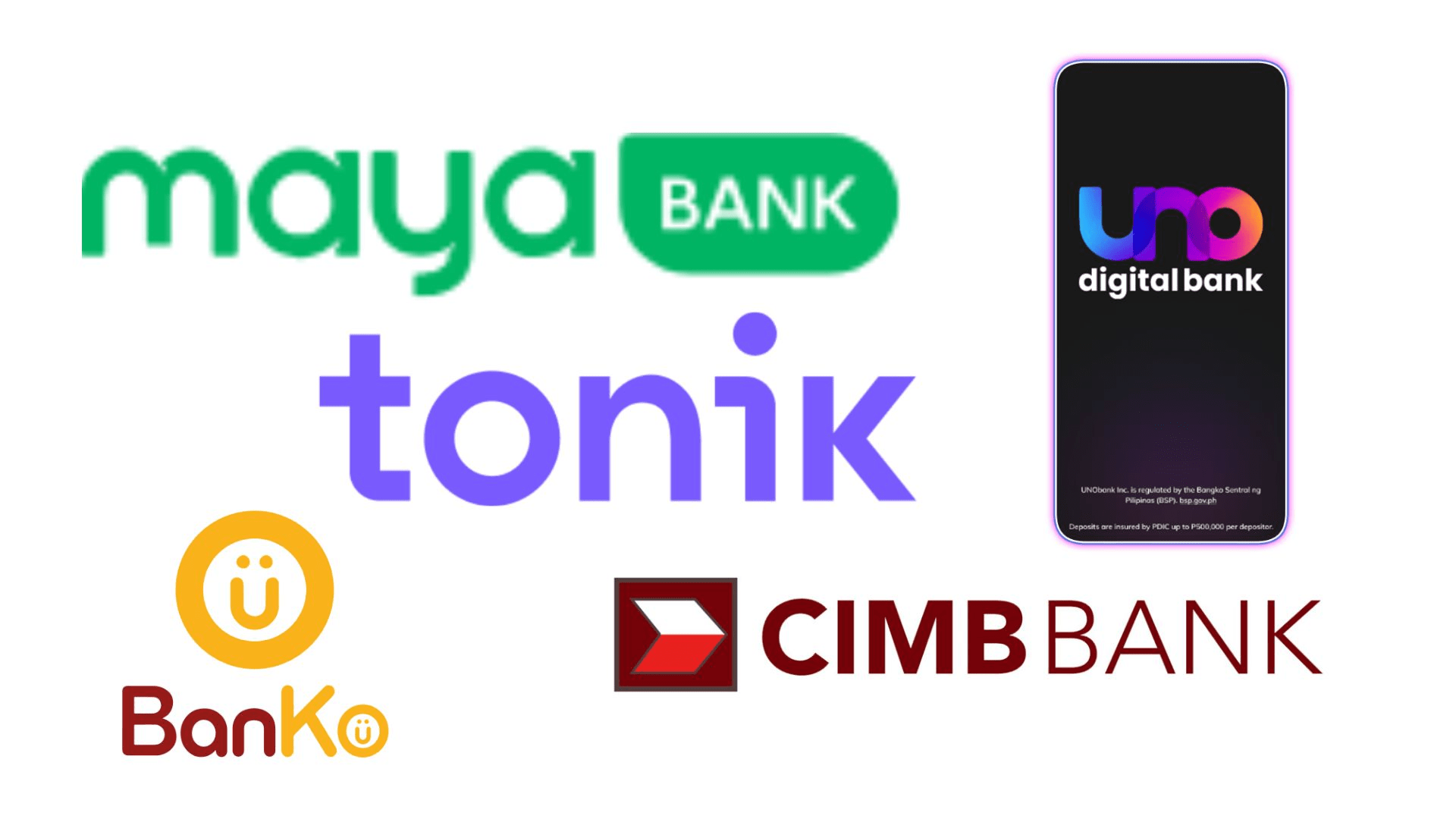 different Savings Accounts logo in one frame, including Maya Bank. Uno Digital bank, tonik, BanKo, and CIMB BANK