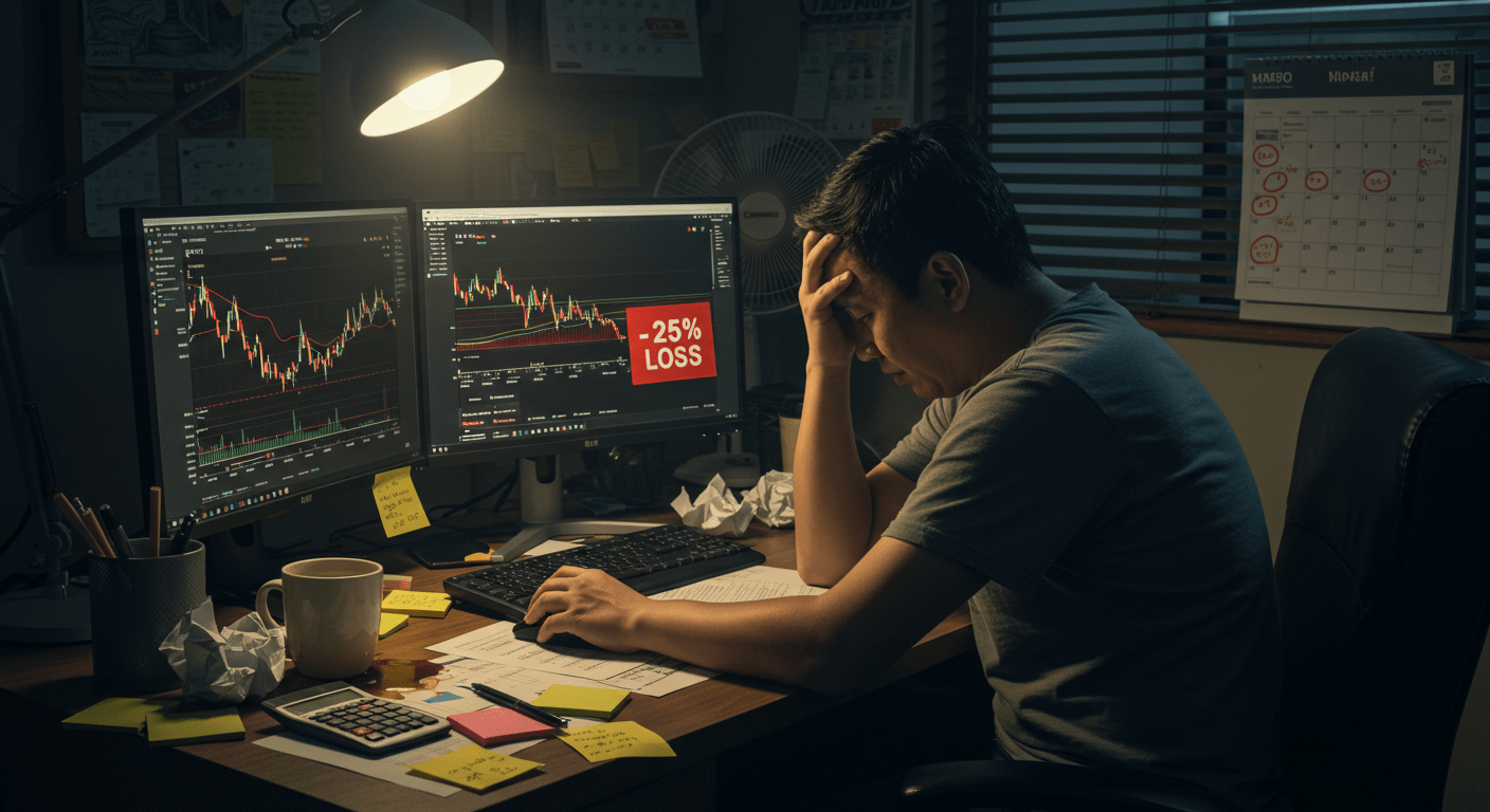 A Filipino investor sits with his head in his hand, looking stressed, while his computer screens display a significant loss on the PSEI, reflecting a negative outcome of his technical analysis in the Philippine stock market.