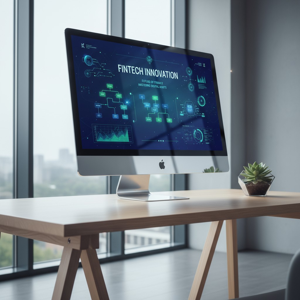 Computer monitor with a blue and green "FINTECH INNOVATION" graphic on a desk in front of windows.