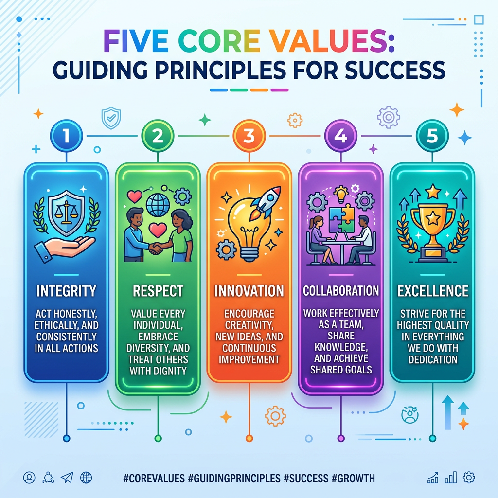 Five core values for success: integrity, respect, innovation, collaboration, excellence with icons and brief definitions.