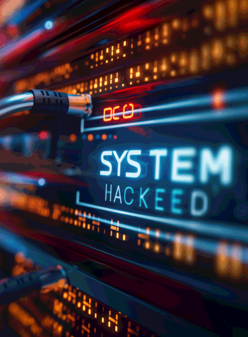 A close-up of a computer server with cables and illuminated text reading SYSTEM HACKED in blue and white suggests a cybersecurity breach—highlighting the need for Secured Offline Data Storage or Disconnect to Protect. Blurred digital data lines fill the background.