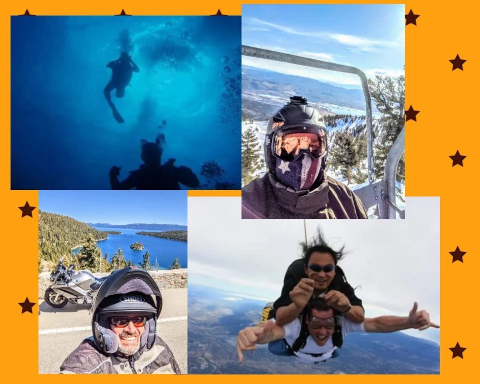 Chris Latam enjoying scuba diving, motorcycles, skiing, hiking, and outdoor activities