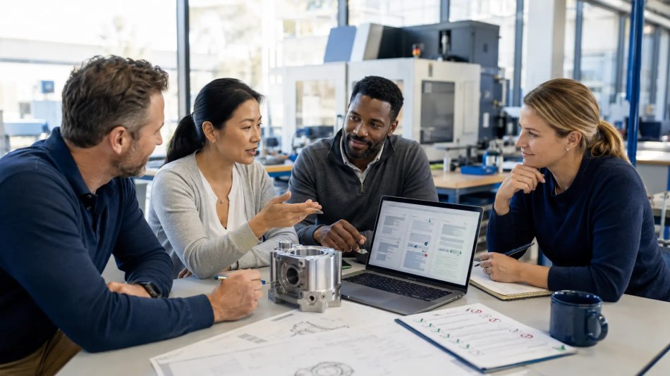Technical project team reviewing AI-assisted work alongside a precision component and engineering documents