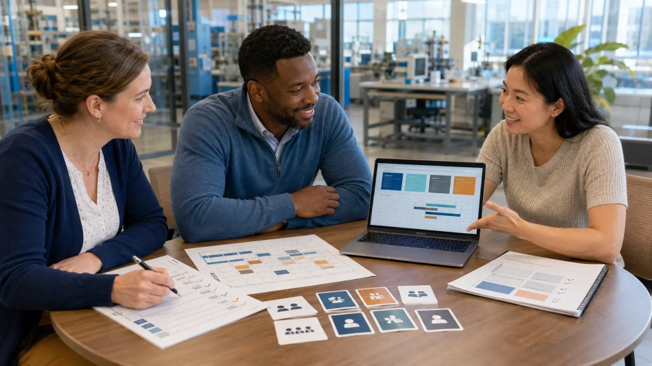 Training coordinator, operations manager and facilitator planning a customized AI workshop