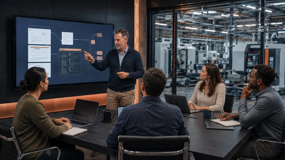 Instructor providing practical AI training to business-casual project managers at a manufacturing company