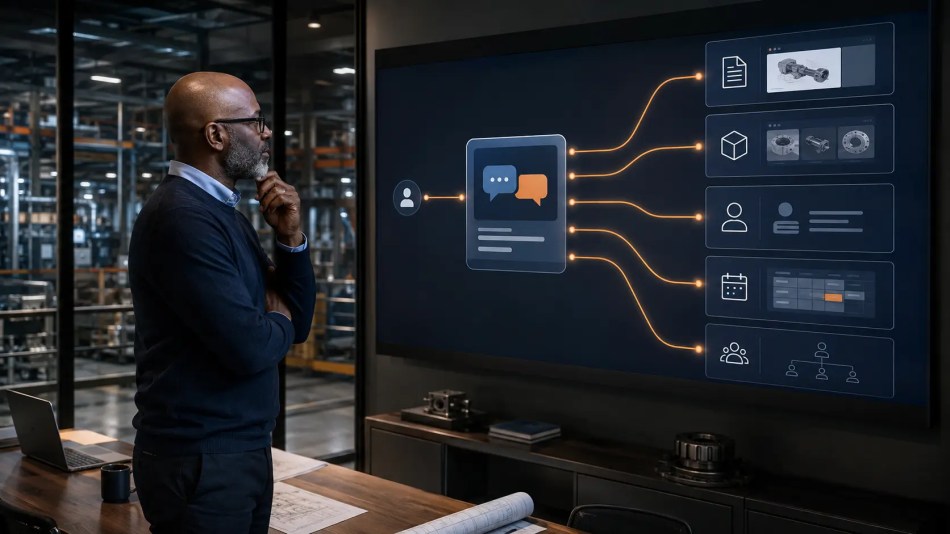 Technical sales engineer reviewing a chatbot workflow for product guidance, lead qualification, scheduling, and request routing.