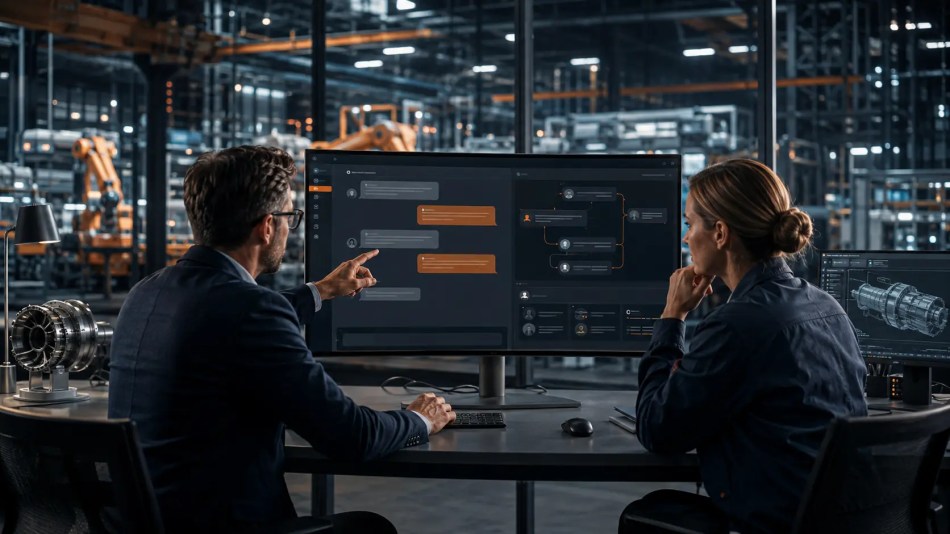 Technical and business professionals reviewing an AI chatbot workflow in a modern industrial facility.