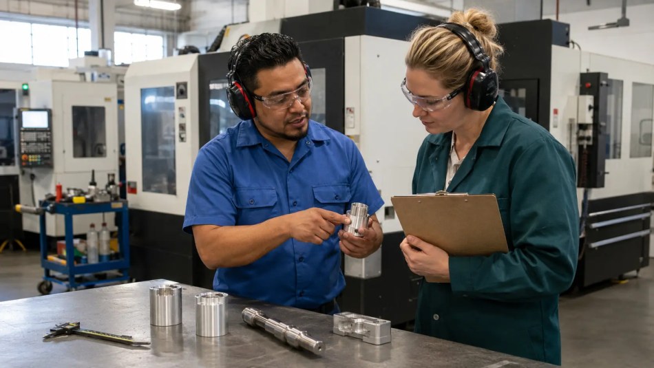 Manufacturing specialist explaining a finished machined component to a technical buyer beside CNC equipment