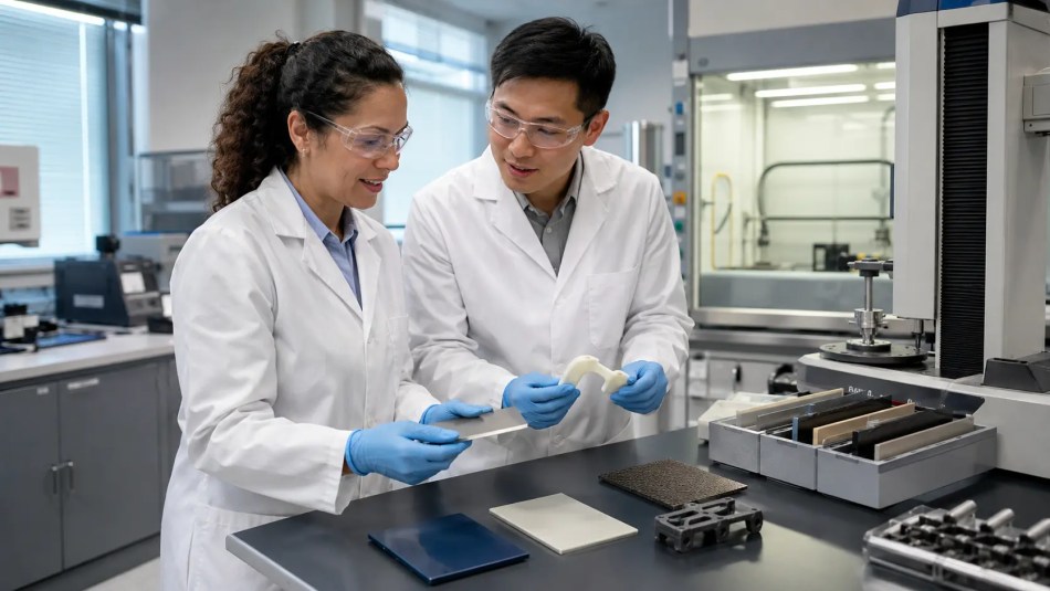 Materials scientists wearing laboratory PPE compare polymer, composite and coated material specimens beside testing equipment.