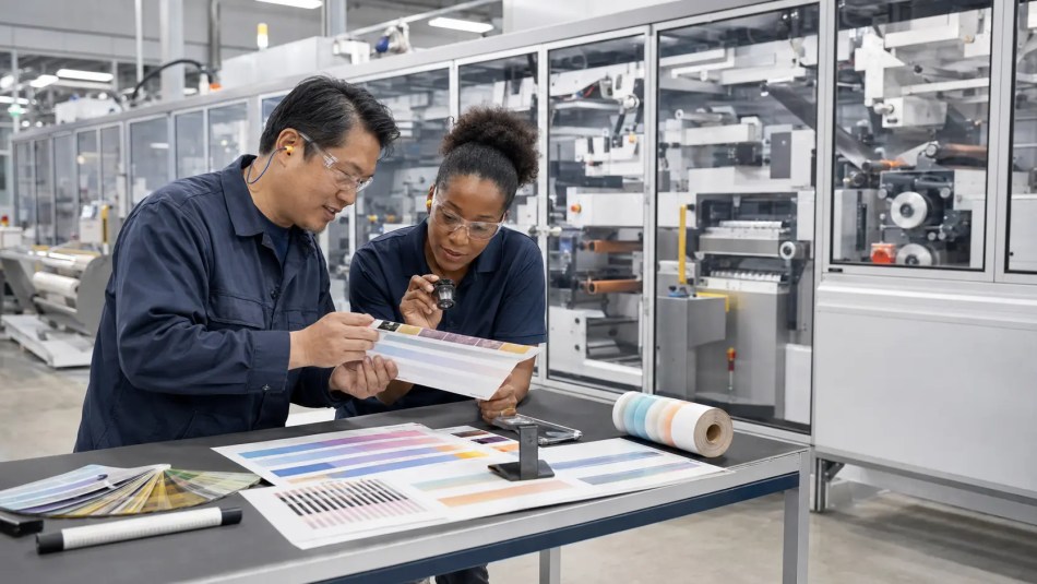 Printing specialists inspecting color and substrate samples beside a guarded converting line
