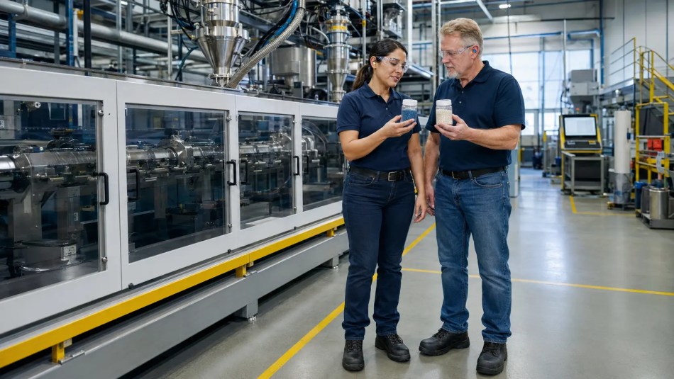 Materials engineer and process technician comparing contained polymer samples beside guarded compounding and extrusion equipment.