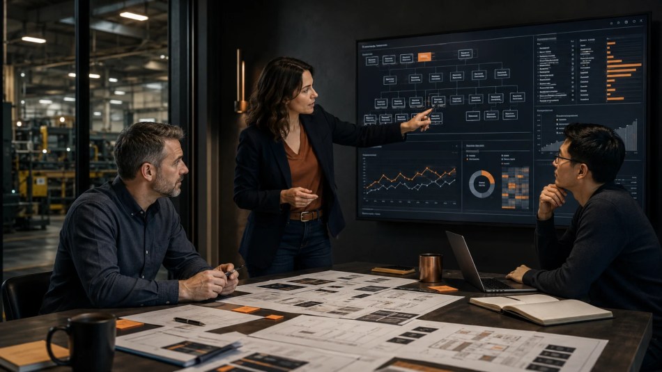 Technical marketing team planning website structure, content, search strategy, and performance measurement