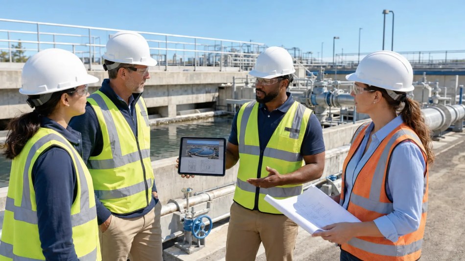 Engineering project manager explaining an installed water-treatment system to prospective clients during a site walkthrough