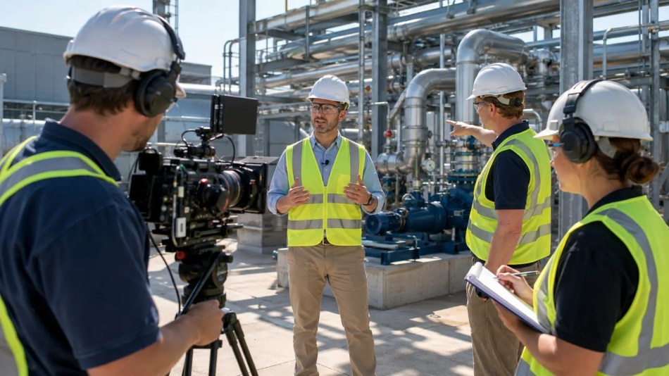 Professional video crew filming engineers explaining installed equipment at an industrial facility