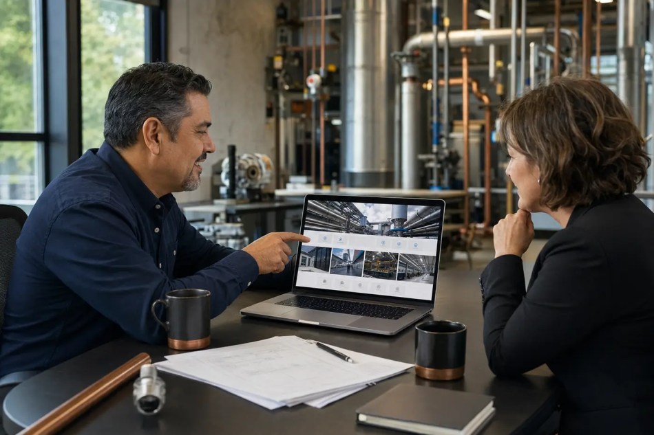 Mechanical engineering business owner and marketing partner reviewing an engineering website on a laptop