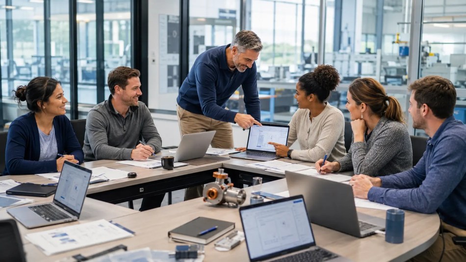 Instructor coaching project managers through a hands-on AI exercise in a technical workplace