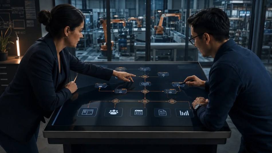 Marketing strategist and technical specialist mapping an industrial chatbot conversation and integration workflow.
