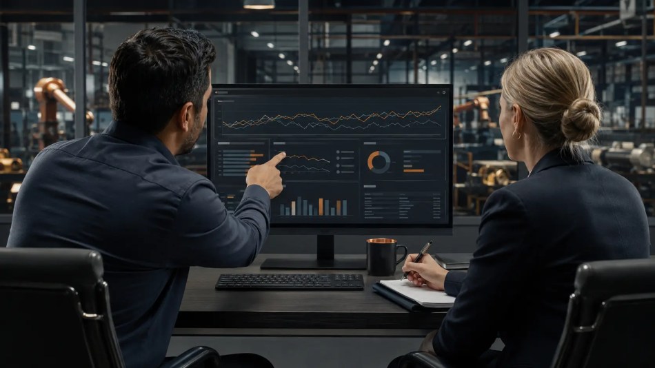 PPC campaign manager and engineering executive reviewing advertising performance in an industrial office