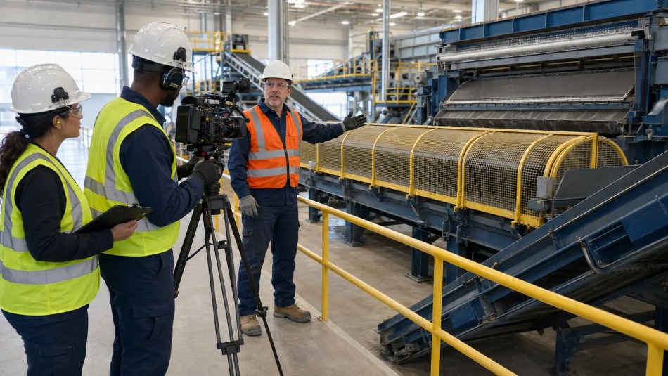 Professional video crew filming an equipment engineer beside guarded mineral-processing and conveyor machinery.