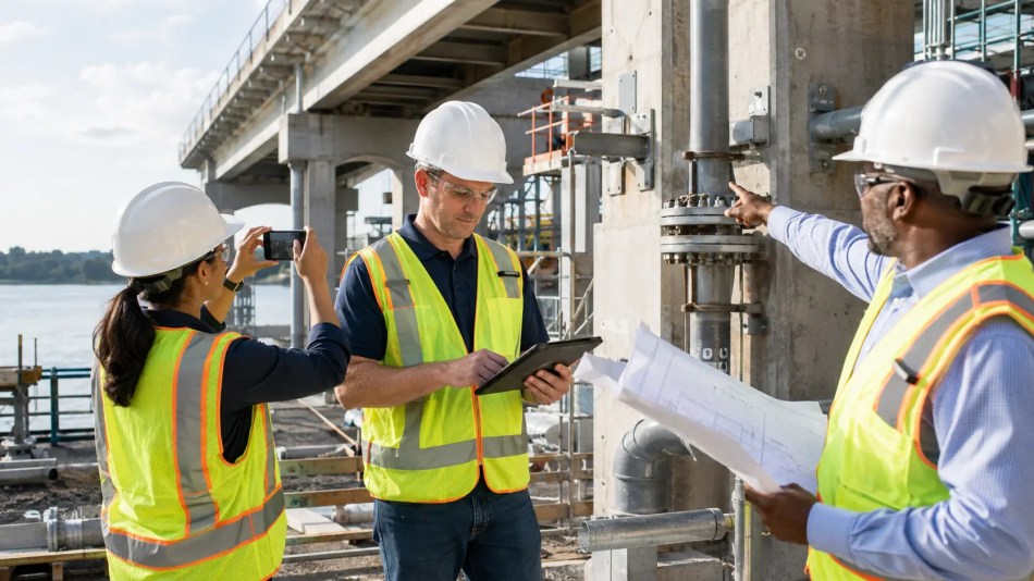 Professional engineers photographing, inspecting and documenting infrastructure work at an active project site