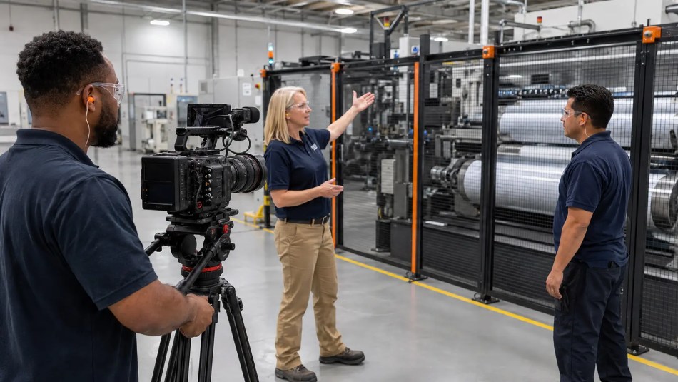 Professional videographer filming a technical demonstration beside guarded converting equipment