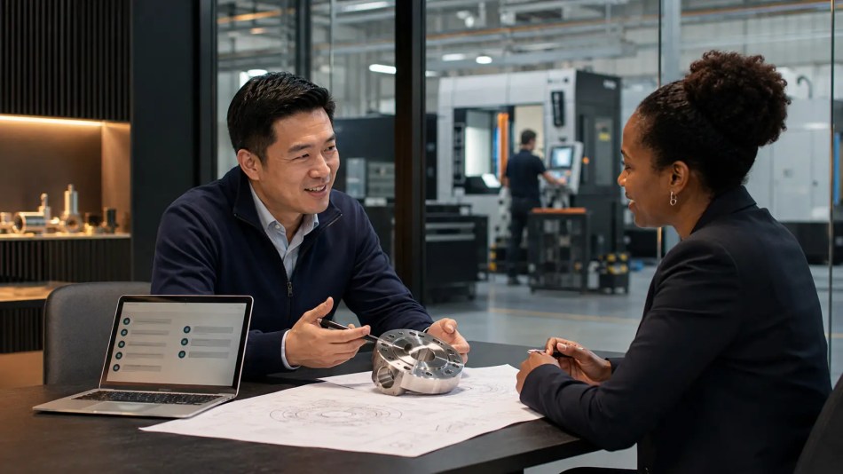 Technical sales leader and engineering buyer discussing a precision component at a manufacturing company