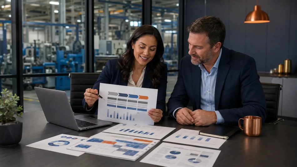 PPC strategist and manufacturing executive reviewing campaign scope, budget and reporting plans
