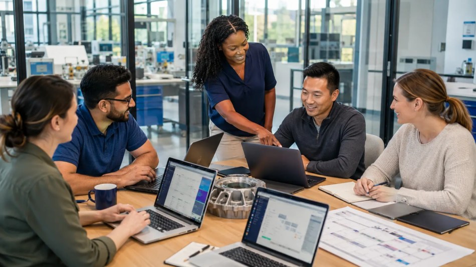 Facilitator helping business-casual project managers practice AI workflows during a technical workshop