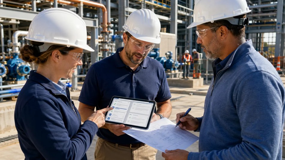 Industrial project managers using AI-assisted site notes and an engineering plan during field work