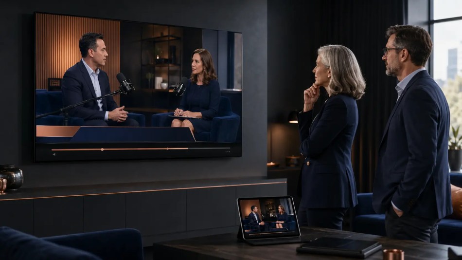 Technical company executives reviewing a finished professional video podcast before publication