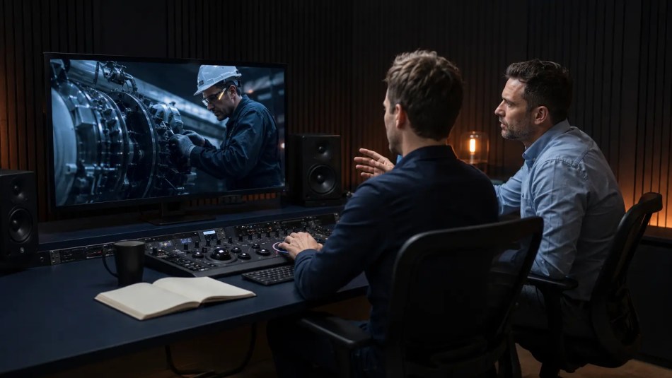 Video editor and technical client reviewing industrial equipment footage in a post-production studio