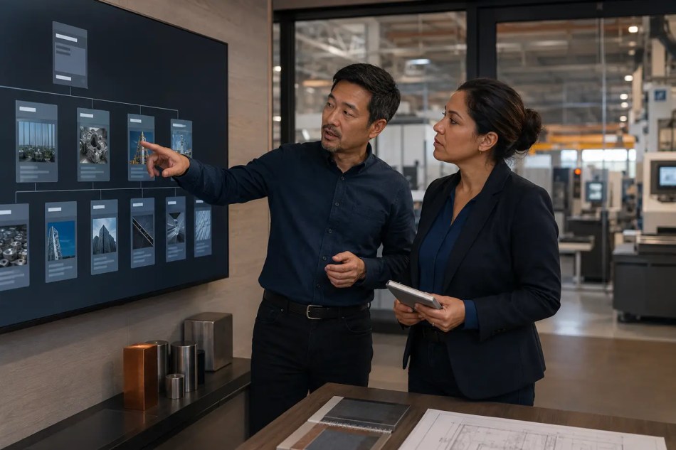 Website strategist and engineering manager reviewing an industrial website structure on a wall display