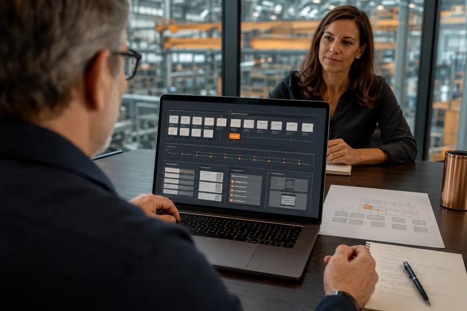 Technical company executive reviewing a structured industrial website project proposal with a website strategist
