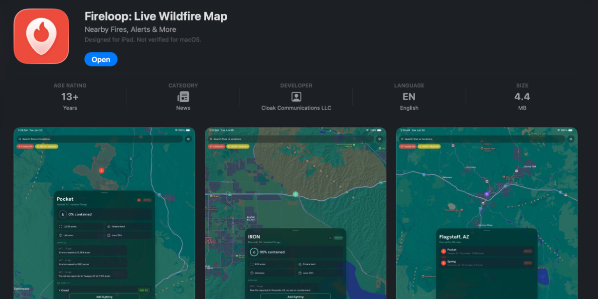 App store showing Fireloop, a free wildfire tracking app