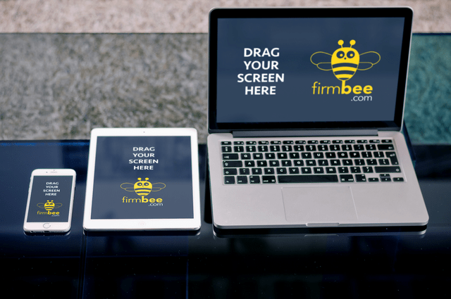 Two different tubes, a pump bottle, a jar, sachet and cosmetic bag. Apple Devices Mockup Firmbee