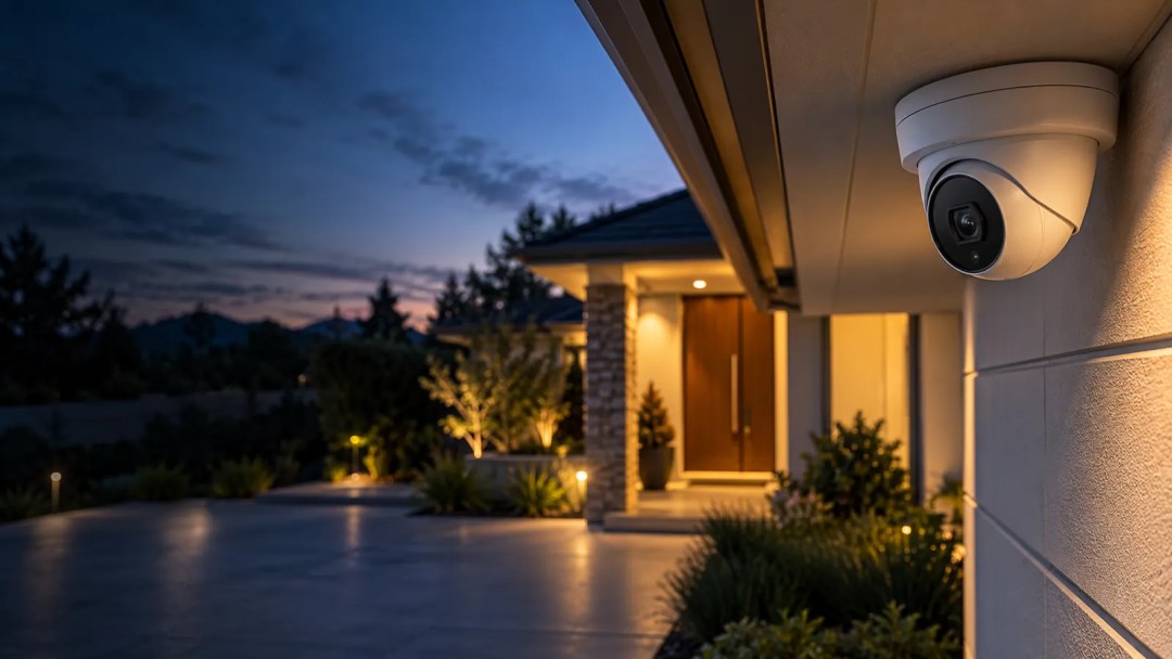 Illustrative outdoor security camera under a house eave