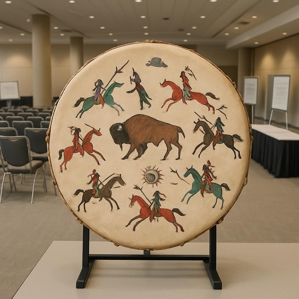 Large drum with Native American artwork on a table stand, showcasing intricately painted scenes of Native American battle,...