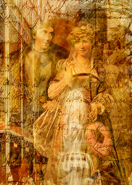 Original & vintage art © First Night Design [www.firstnightdesign.wordpress.com]
Vintage Henry Irving and Ellen Terry as Beatrice and Benedick in Much Ado About Nothing from The Library of Congress: http://www.loc.gov/pictures/item/97514042/

The background is a blend of the interior of The Great Exhibition at Crystal Palace in 1851 from an old encyclopaedia — the venue was originally built in Hyde Park and the exhibition was organised by Prince Albert and Henry Cole — and textures from “2 Lil’ Owls”:http://2lilowls.com.
http://www.vam.ac.uk/page/g/great-exhibition/