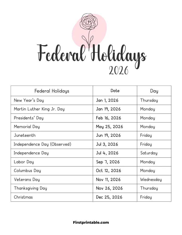 List Of US Federal Holidays 2026 PDF Federal Holidays 2026 Template 03.webp