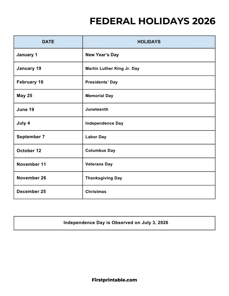 List Of US Federal Holidays 2026 PDF Federal Holidays 2026 Template 07.webp