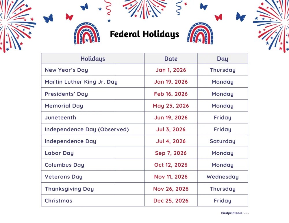 List Of US Federal Holidays 2026 PDF Federal Holidays 2026 Template 10.webp