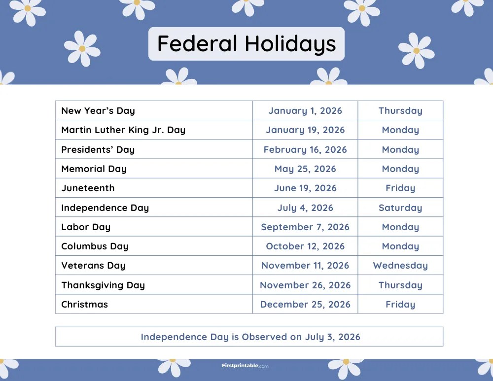 List Of US Federal Holidays 2026 PDF Federal Holidays 2026 Template 11.webp