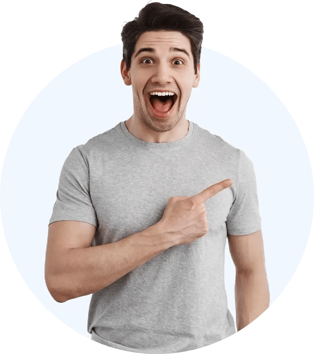 Smiling man pointing to a call-to-action, representing engagement and lead generation for local SEO services.