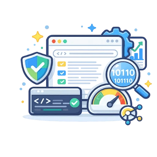 Technical SEO icon representing site speed, indexing, and structured optimization by First Step Connections.