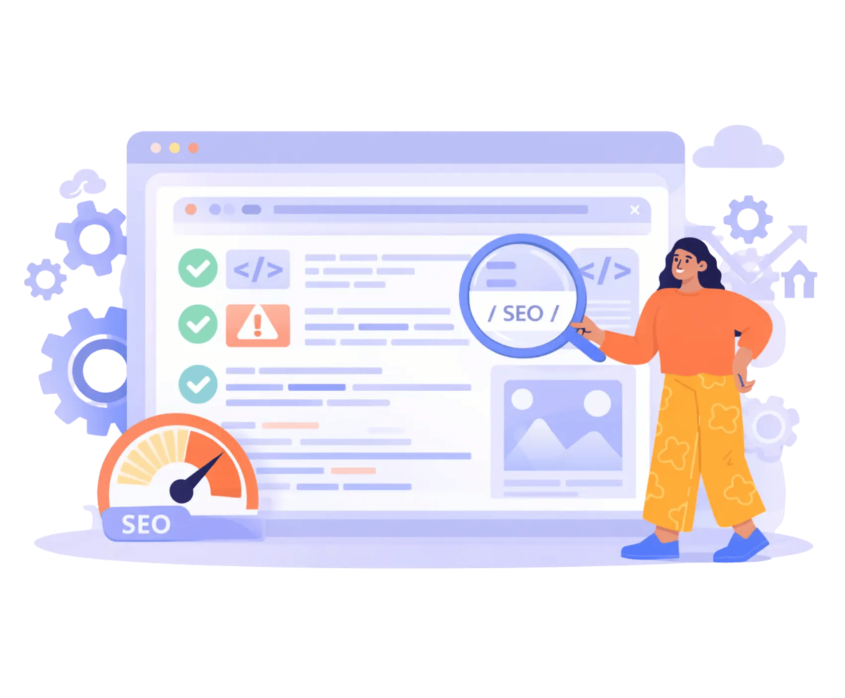 Illustration of technical SEO services showing website analysis, search tools, and performance optimization elements