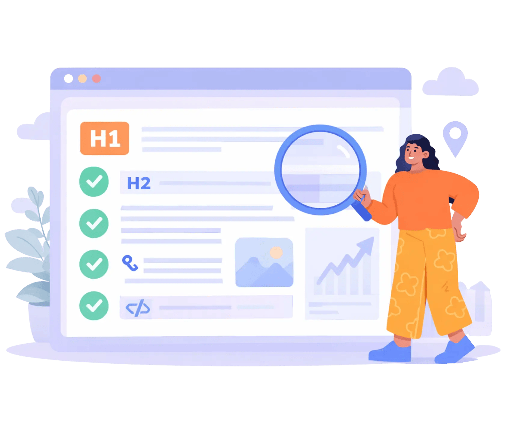 On-page SEO audit illustration with website optimization checklist