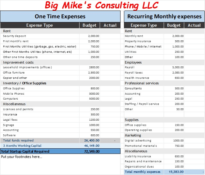 picture of Startup Capital worksheet